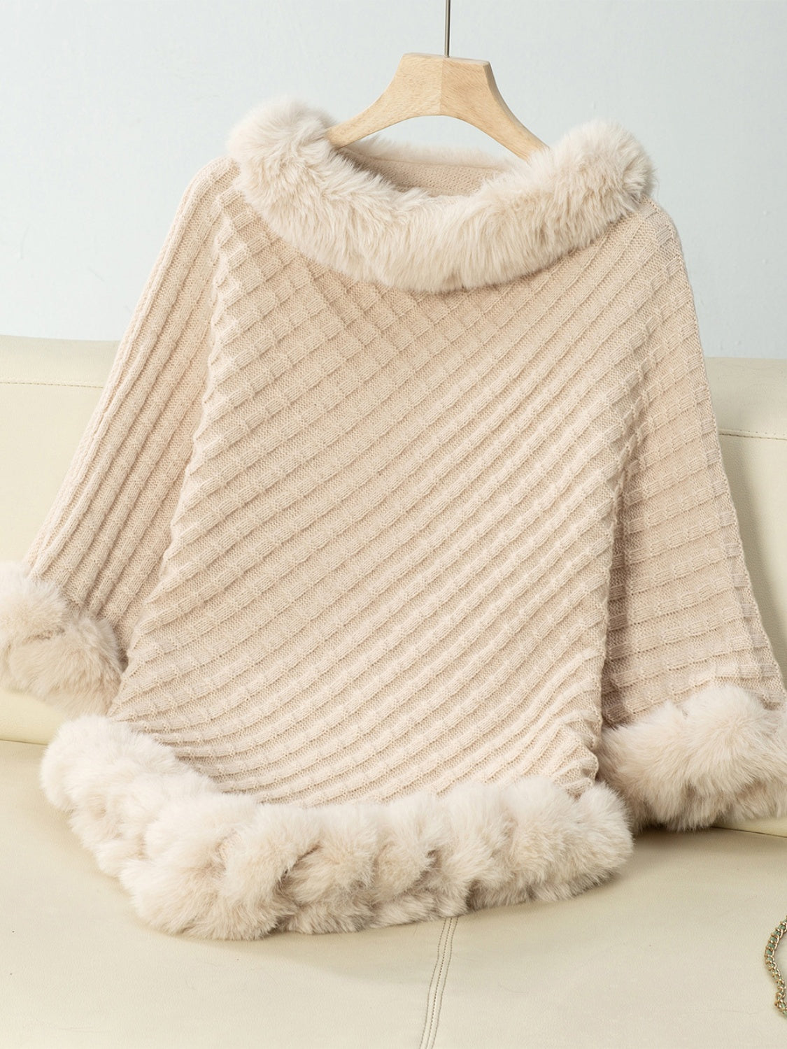 Flory Fuzzy Trim Texture Three-Quarter Sleeve Poncho- Multiple Color Options