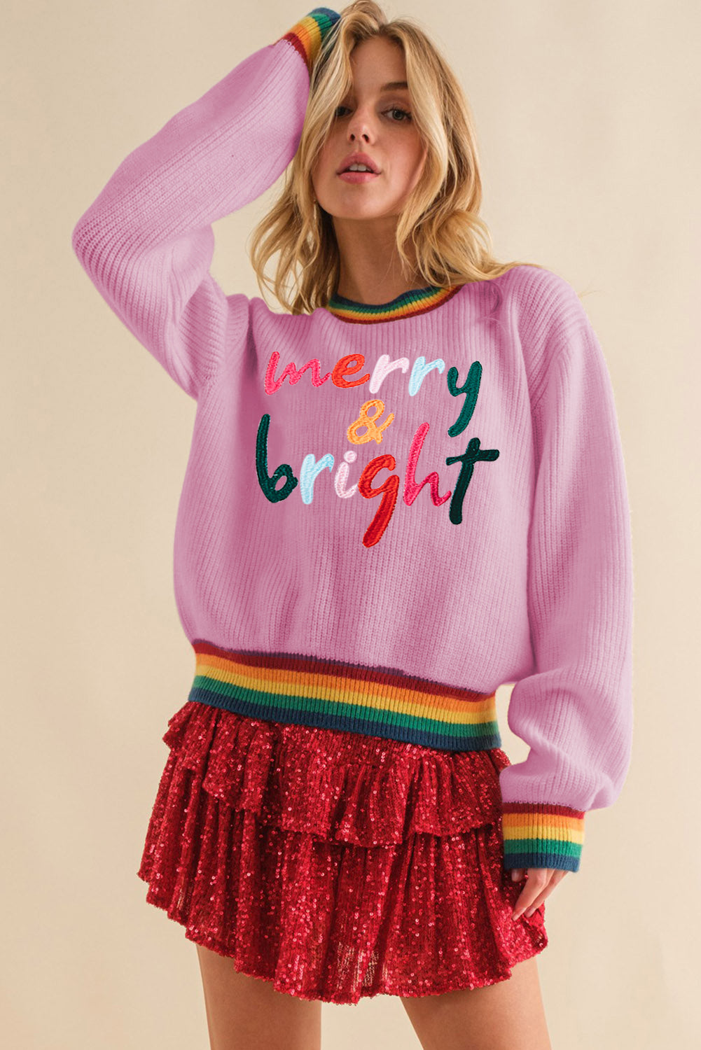 MERRY & BRIGHT Ribbed Round Neck Sweater-Multiple Color Options