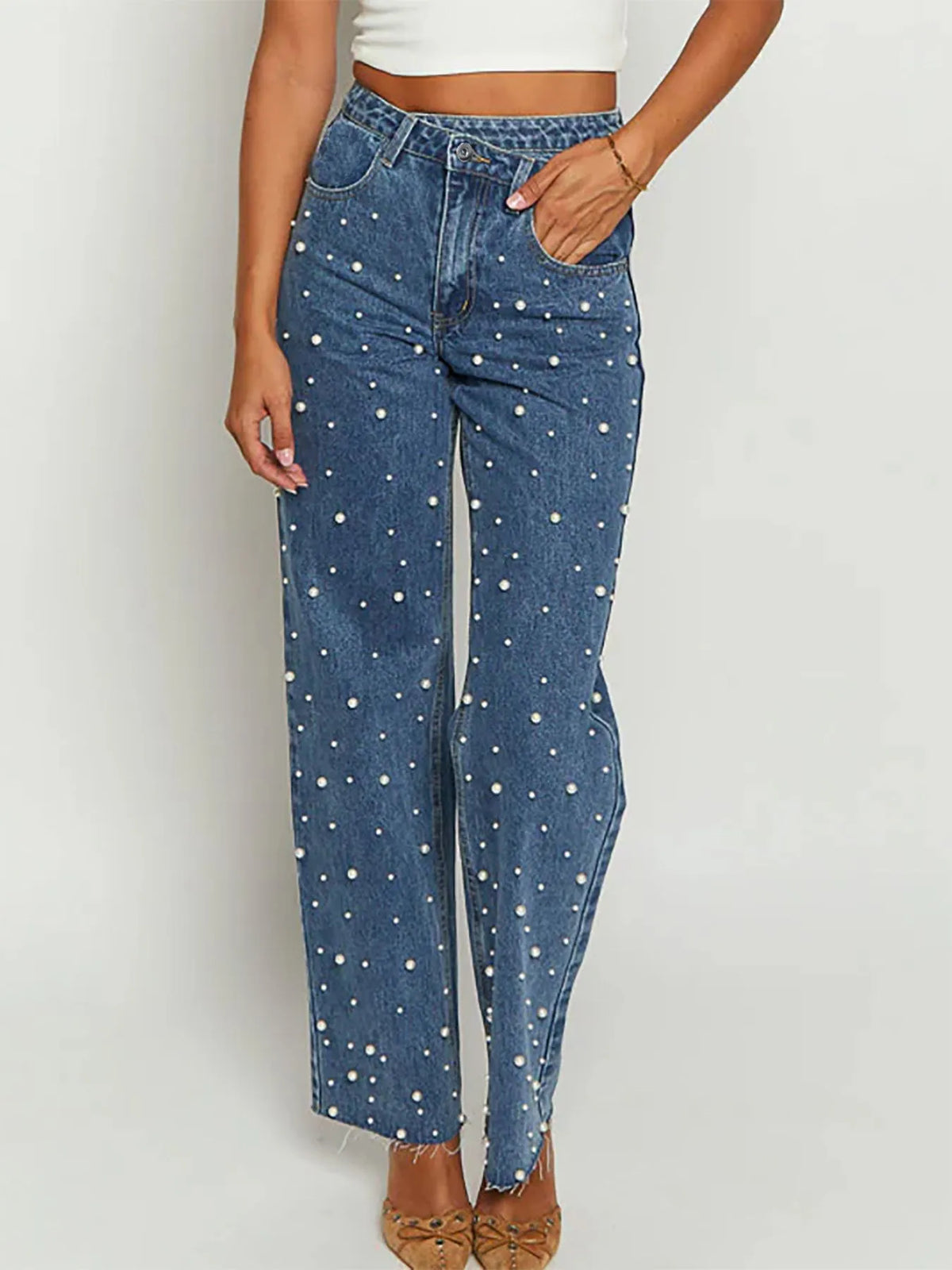 Merlina Pearl Embellished High Waist Straight Leg Jeans