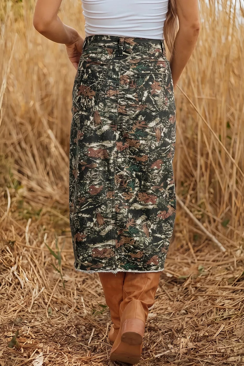 Autumn Wren Side Slit Printed Denim Midi Skirt