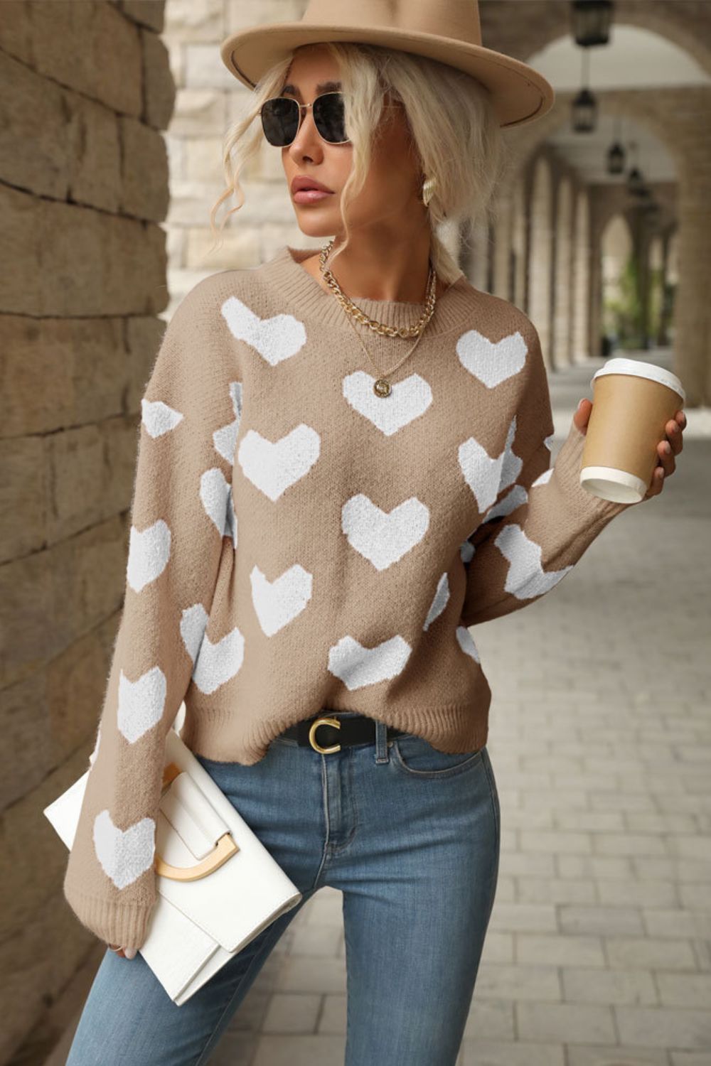 Parker Heart Pattern Dropped Shoulder Sweater-Multiple Color Options