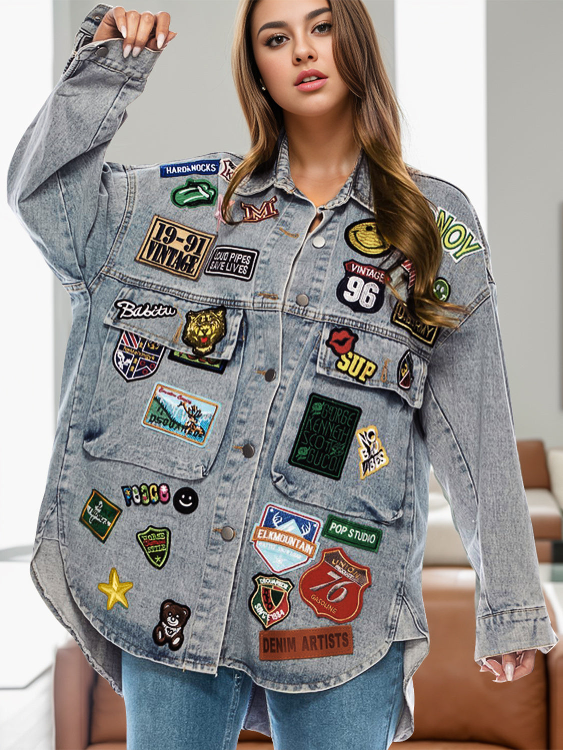 Wrenly Embroidered Patch Button Up Long Sleeve Denim Jacket-Multiple Color Options