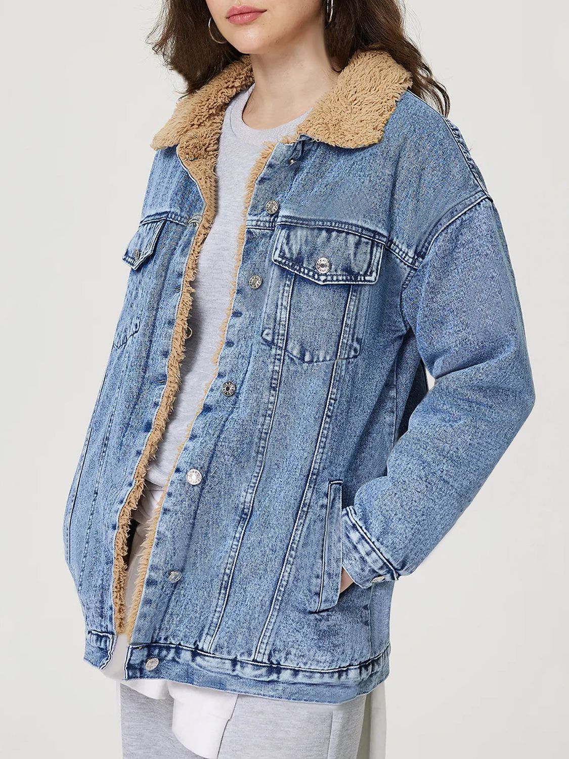 Beverly-Reese Button Up Collared Neck Plush Denim Jacket