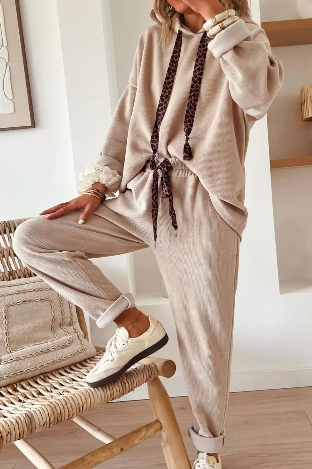 Hazel Honey Leopard Drawstring Hoodie and Pants Set