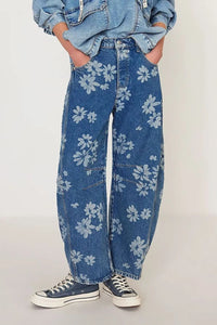 Daisy Flower Print Wide Leg Jeans