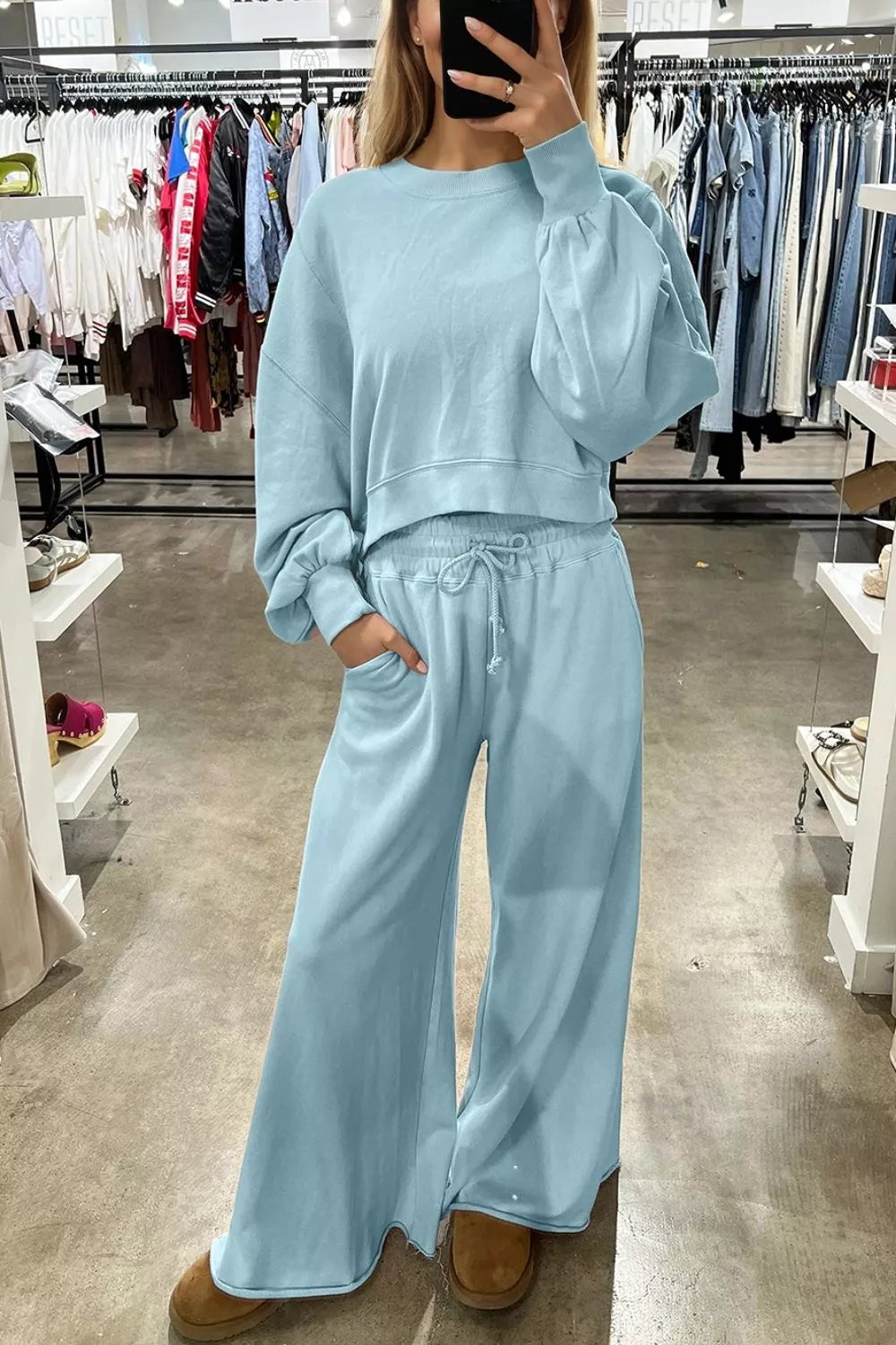 Blueberry Belle Puff Sleeve Crop Pullover Wide Leg Pants Set