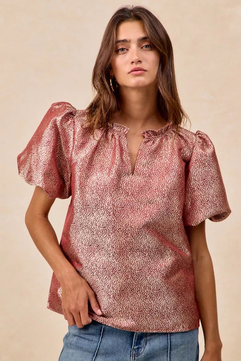 Jayci Jacquard Woven Short Balloon Sleeves V Neck Top