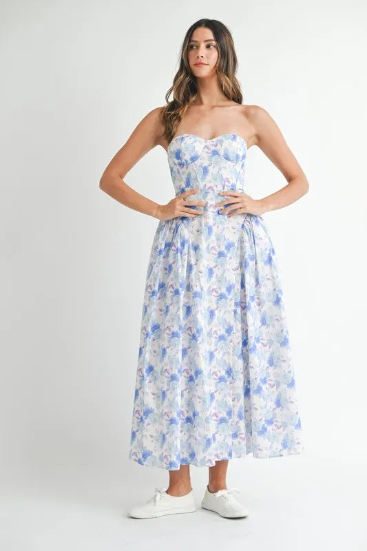 Frolicking Princess Sweetheart Neckline Floral Printed Midi Dress