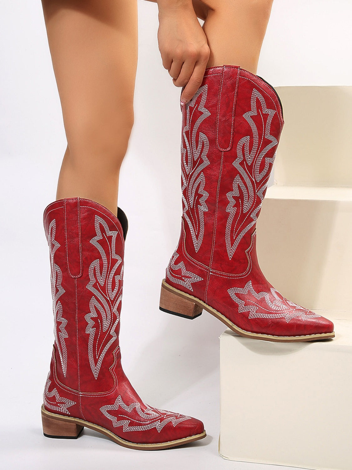 Runa Leather Embroidered Geometric Point Toe Boots