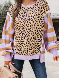 Laila Stripe Color Block Patchwork Leopard Casual Sweatshirt with Slits
