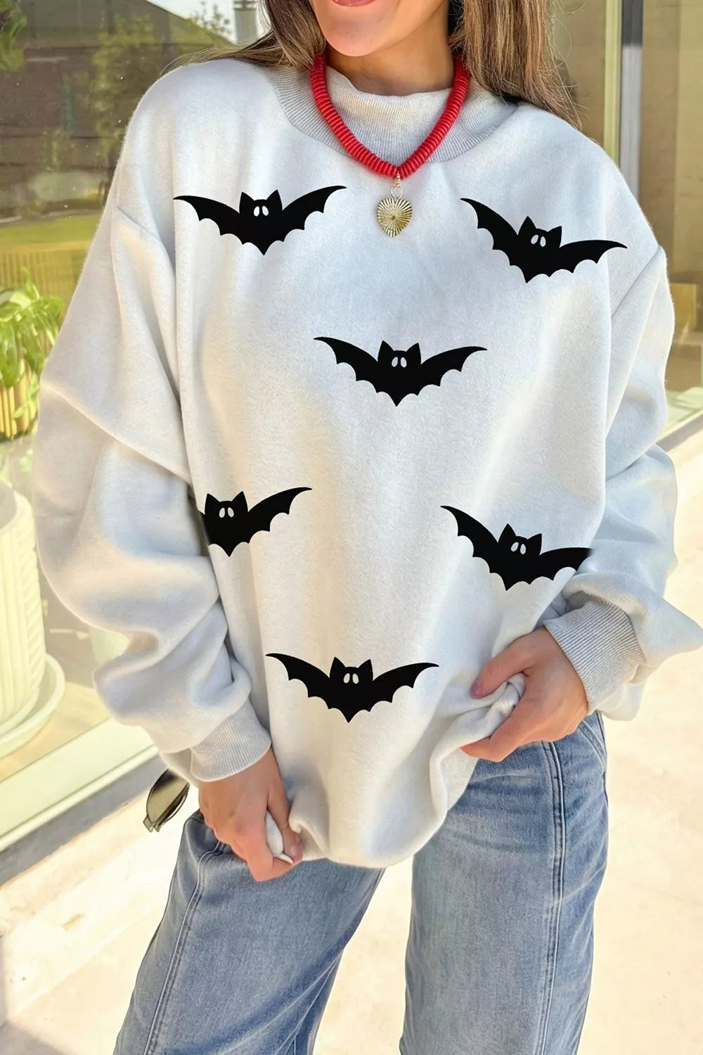 Hazel-Honey Halloween BOO & Bat Printed Reversible Mock Neck Sweatshirt