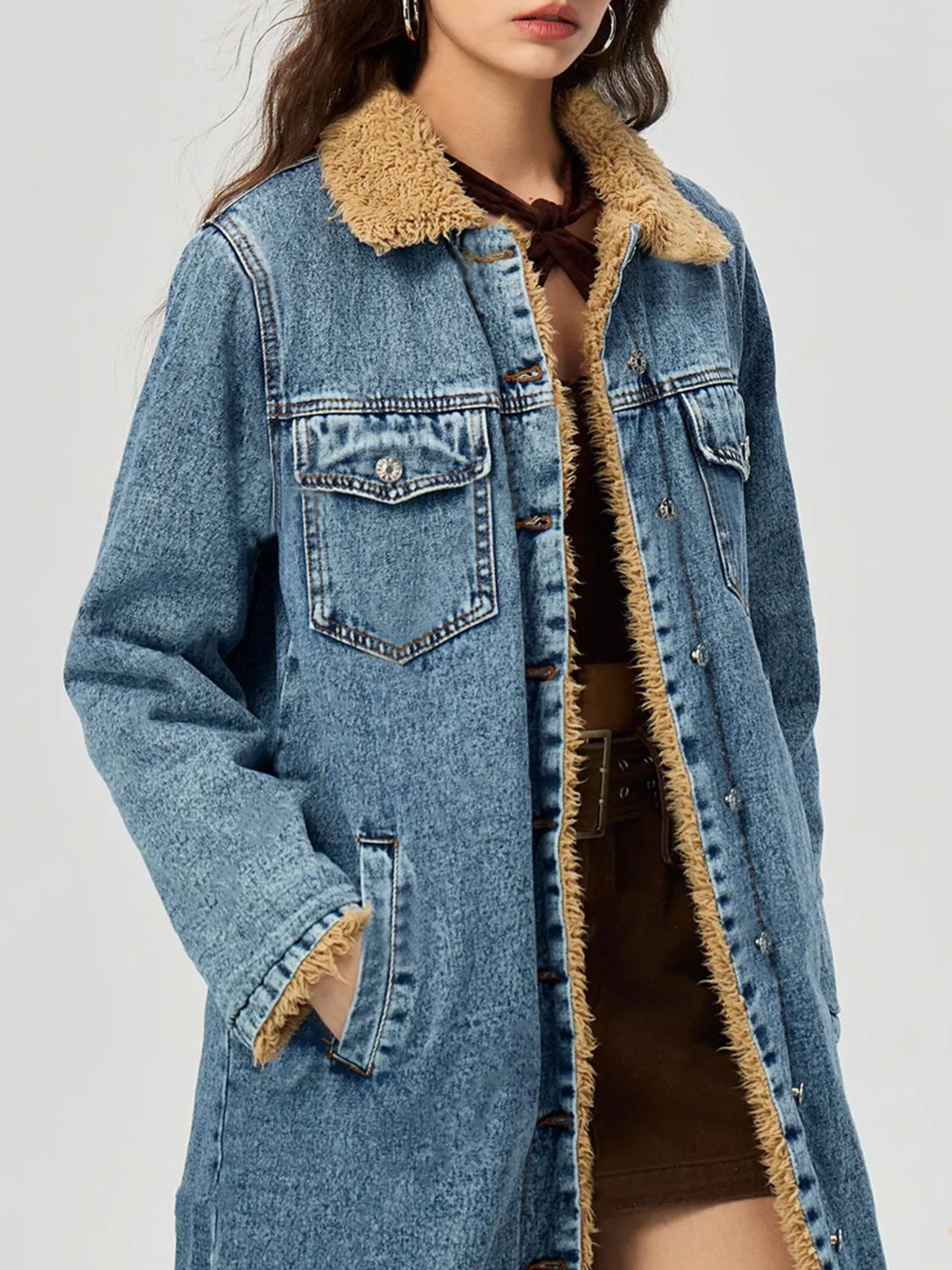 Beverly-Amory Pocketed Button Up Denim Jacket with Fur Lining