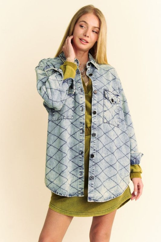 Bambi Curved Hem Diamond Quilted Button Up Denim Shacket