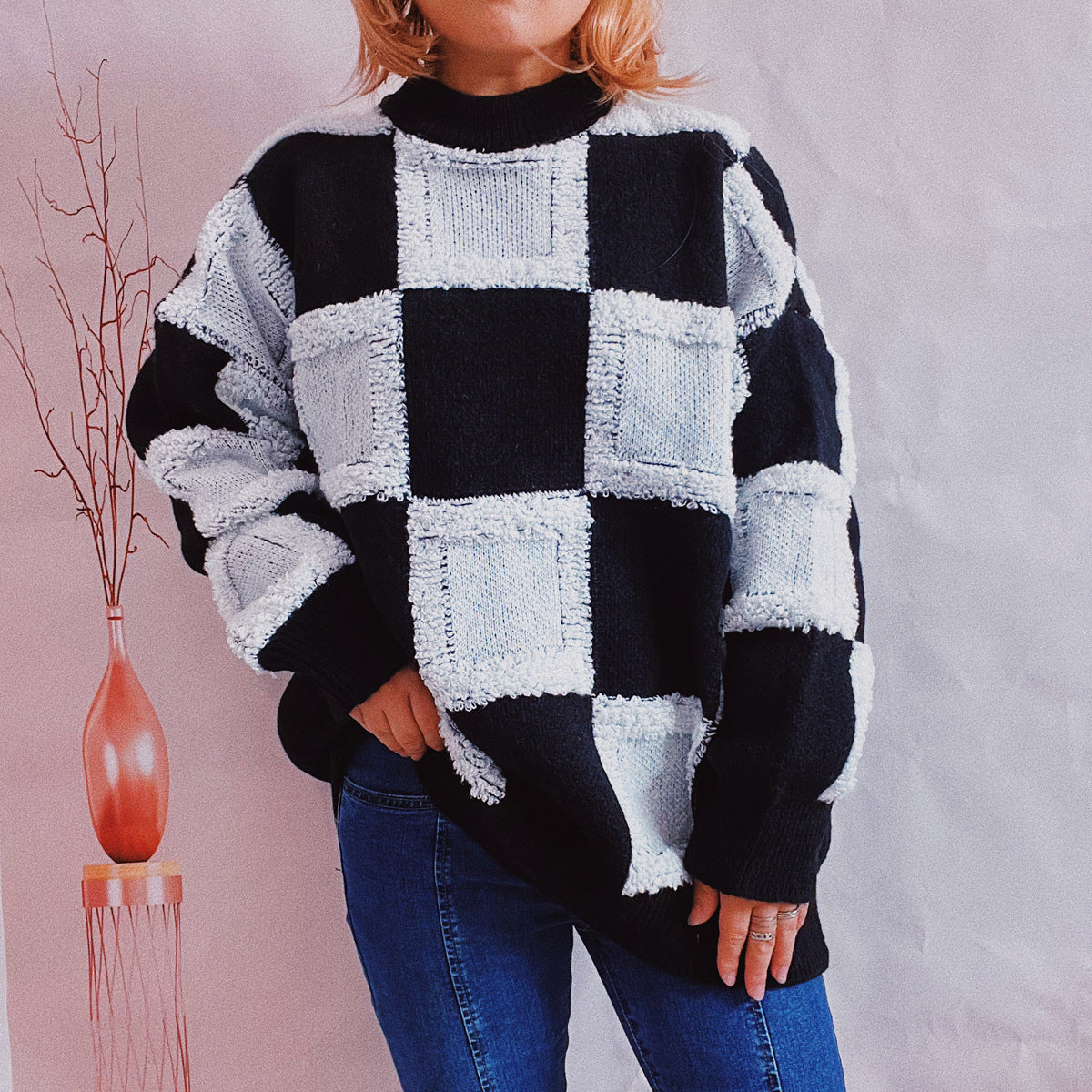 Calloway Checkered Round Neck Long Sleeve Sweater-Multiple Color Options