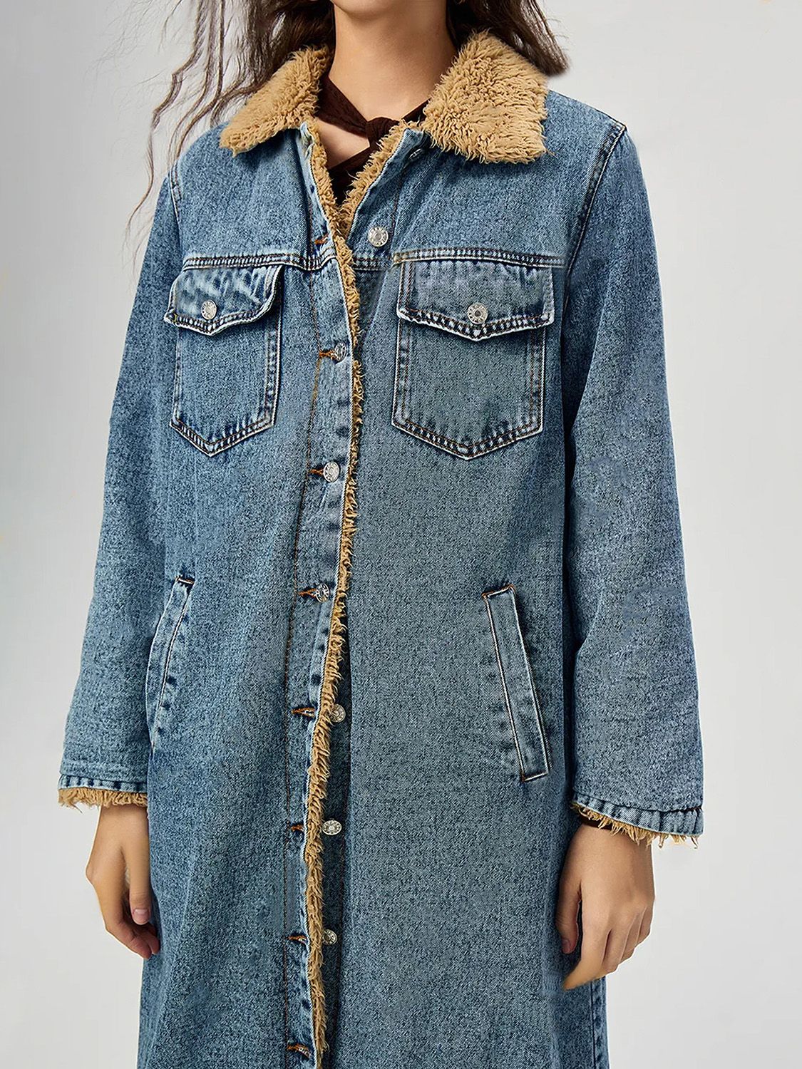 Beverly-Amory Pocketed Button Up Denim Jacket with Fur Lining