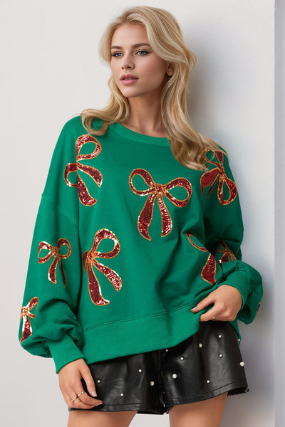 Christmas Bow Sequin Round Neck Dropped Shoulder Sweatshirt-Multiple Colors