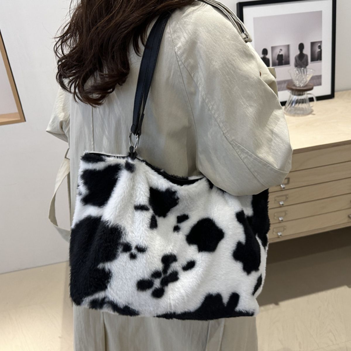 Maisie Cow Print Furry Tote Bag-Multiple Color Options