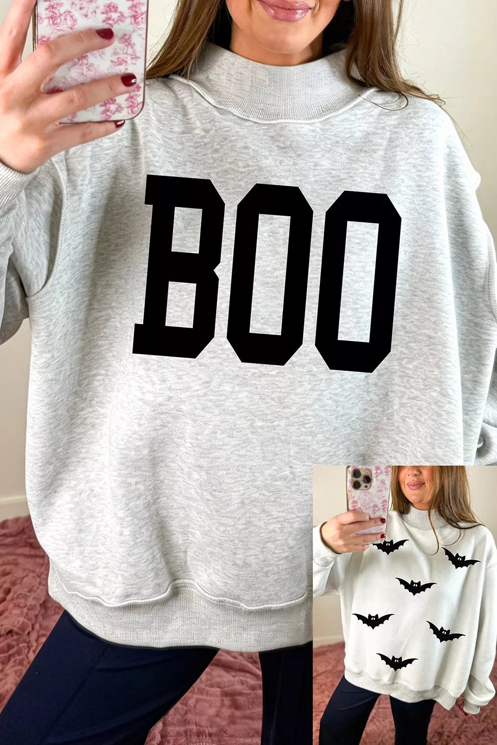 Hazel-Honey Halloween BOO & Bat Printed Reversible Mock Neck Sweatshirt