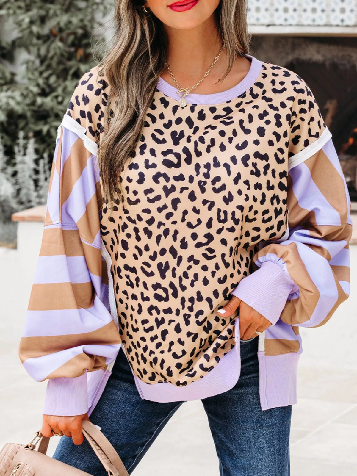 Laila Stripe Color Block Patchwork Leopard Casual Sweatshirt with Slits