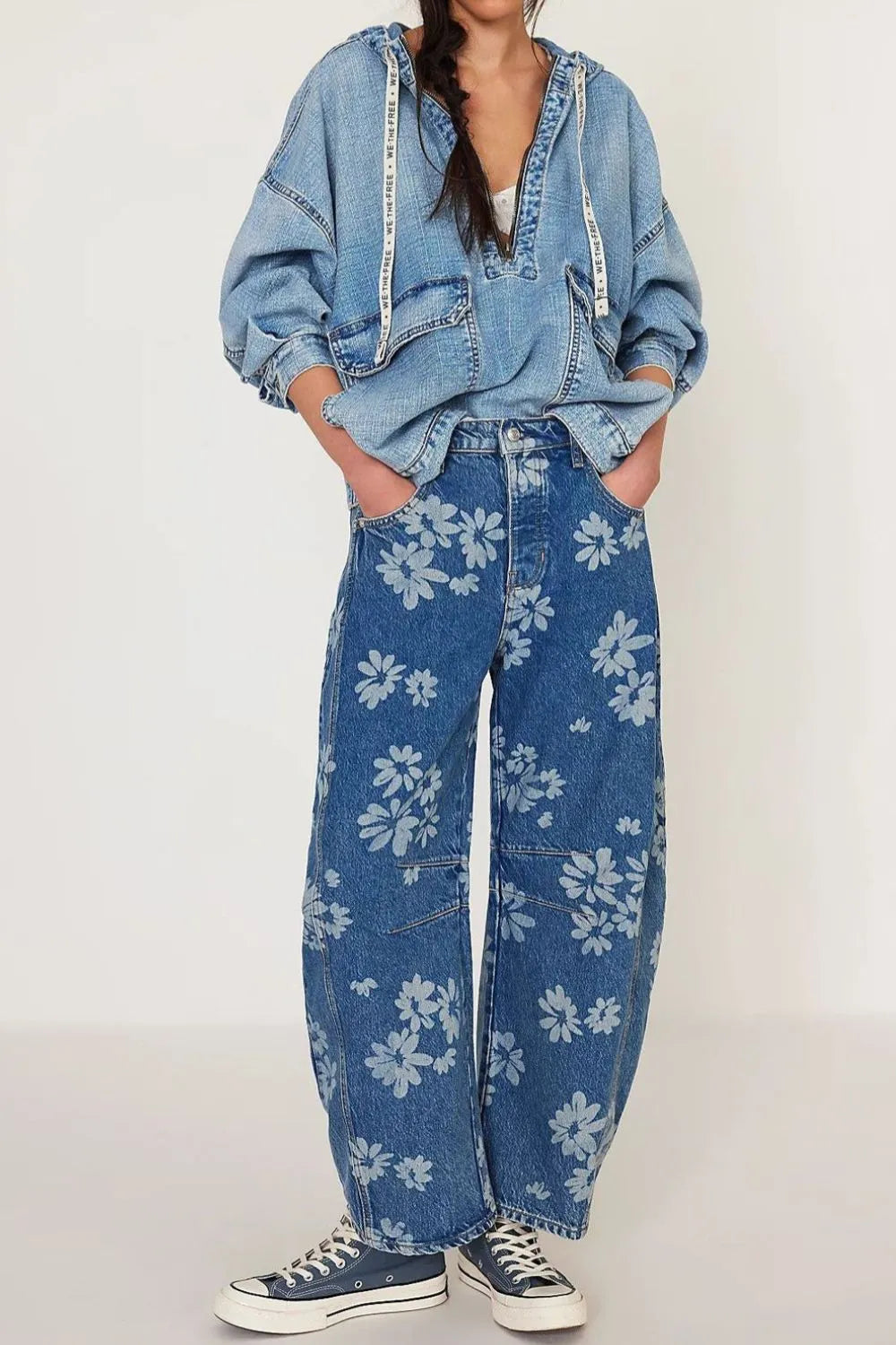 Daisy Flower Print Wide Leg Jeans
