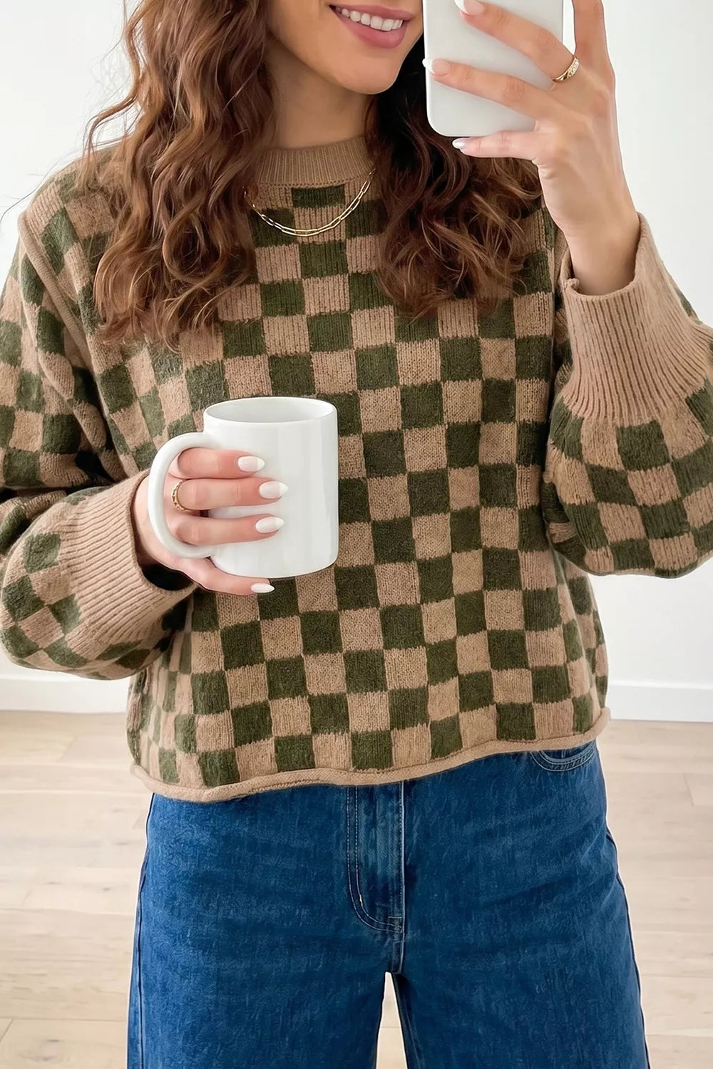 Emily Graham Drop Shoulder Plaid Knit Long Sleeve Sweater