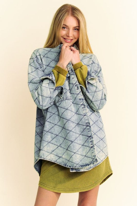 Bambi Curved Hem Diamond Quilted Button Up Denim Shacket