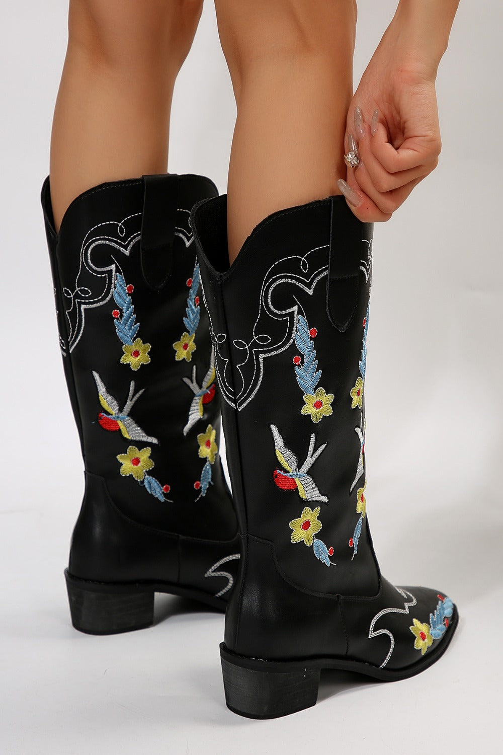 Emerald Embroidered Point Toe Block Heel Boots