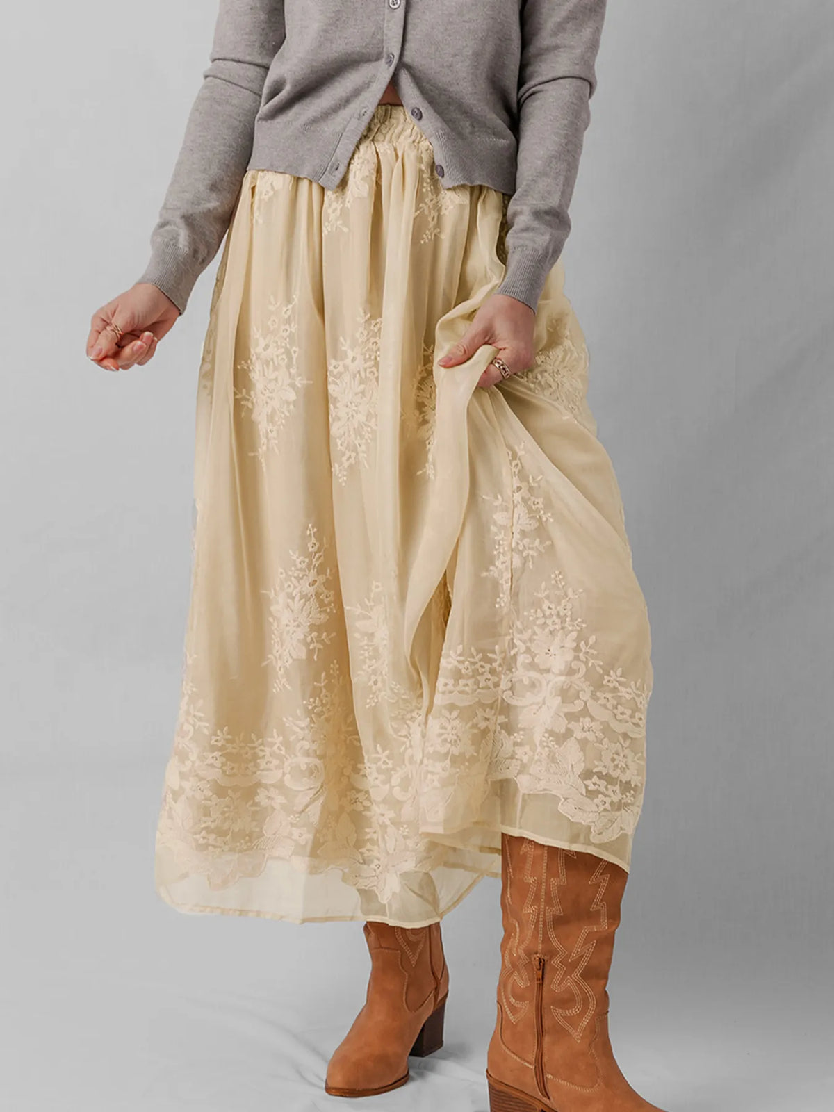 Allegra Embroidered Mesh Midi Skirt
