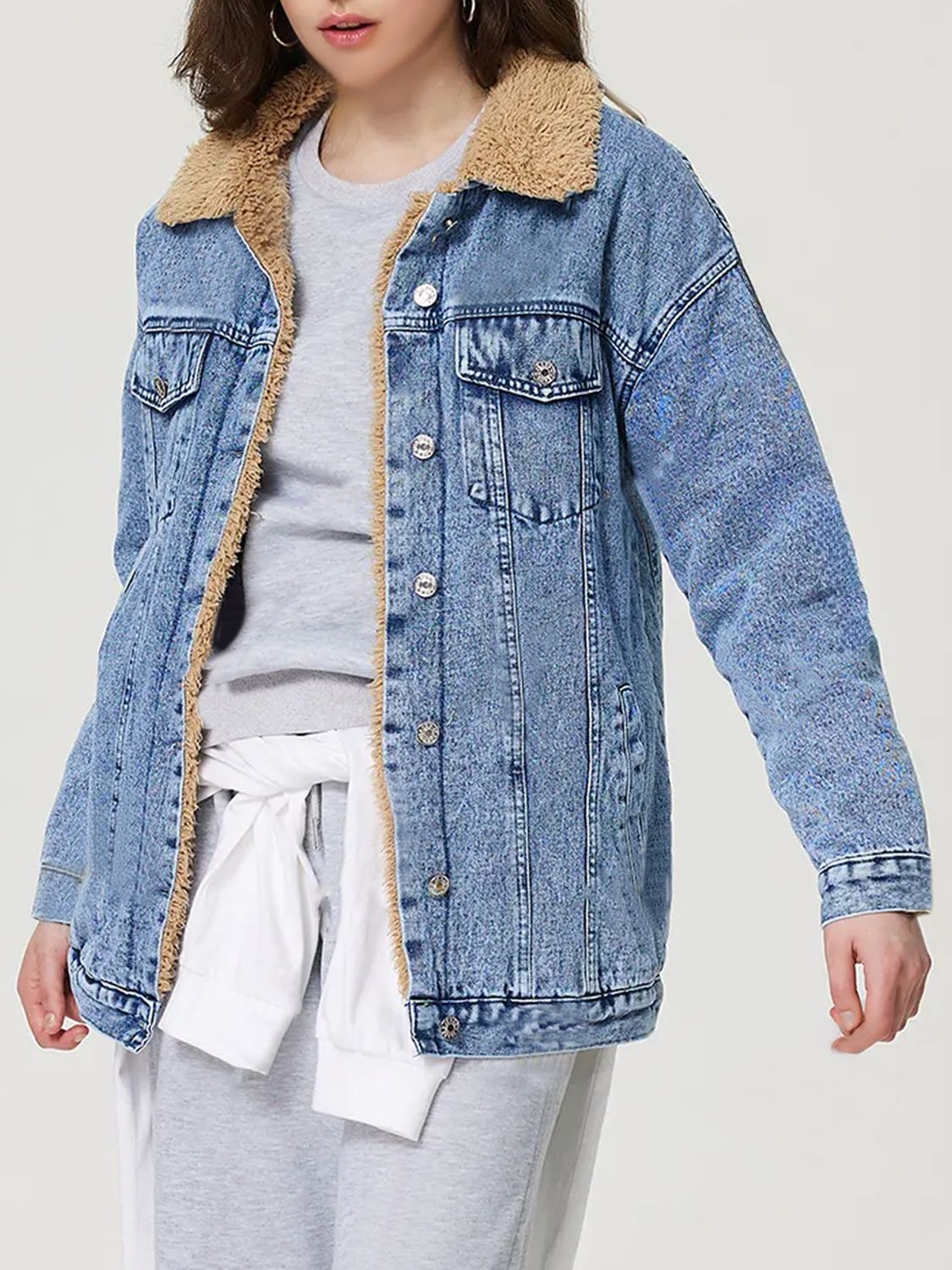 Beverly-Reese Button Up Collared Neck Plush Denim Jacket