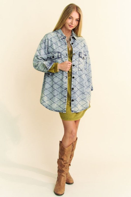 Bambi Curved Hem Diamond Quilted Button Up Denim Shacket