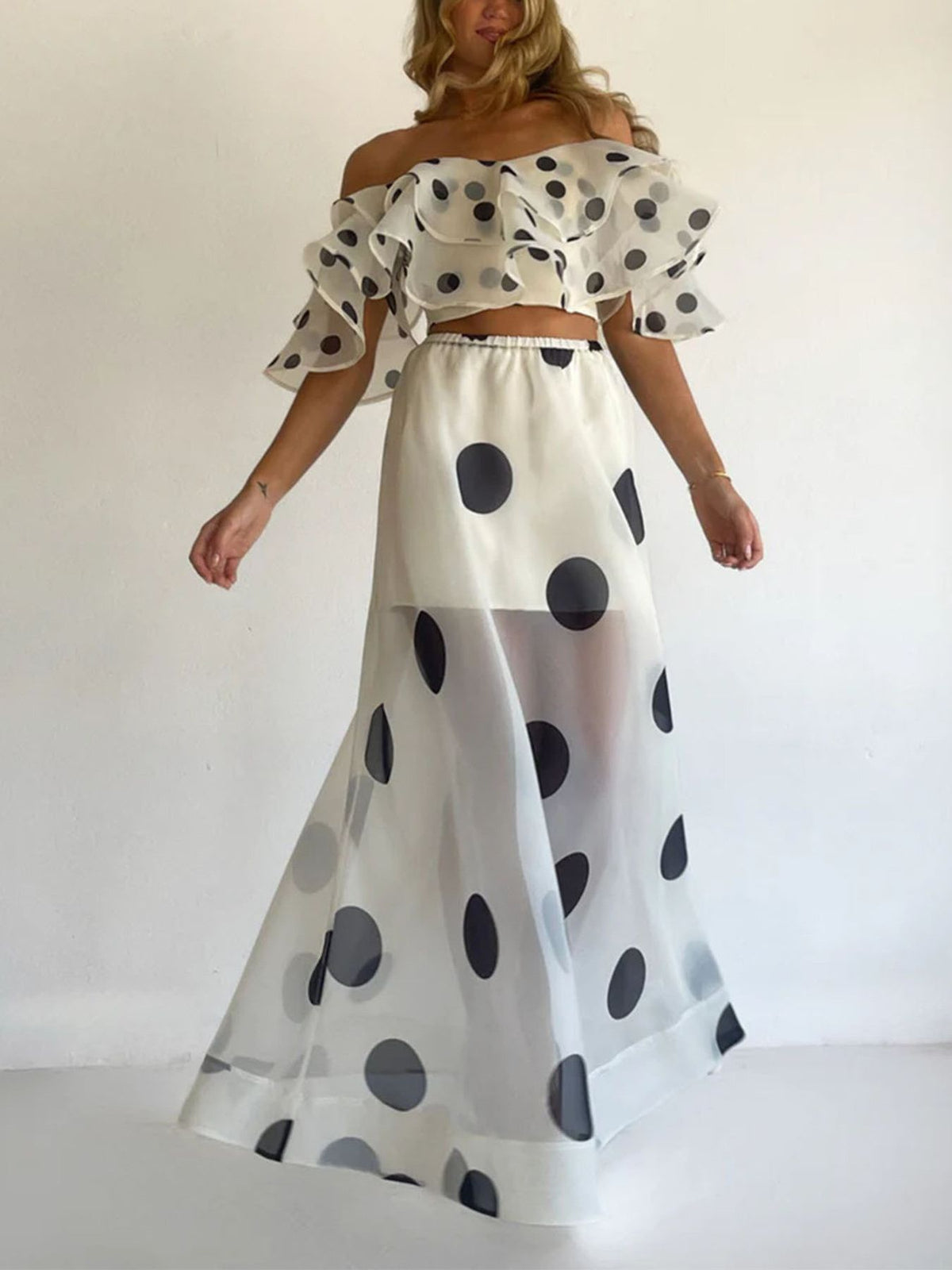 Elinor Polka Dot Ruffle Crop Top and Maxi Skirt Set- Multiple Colors!