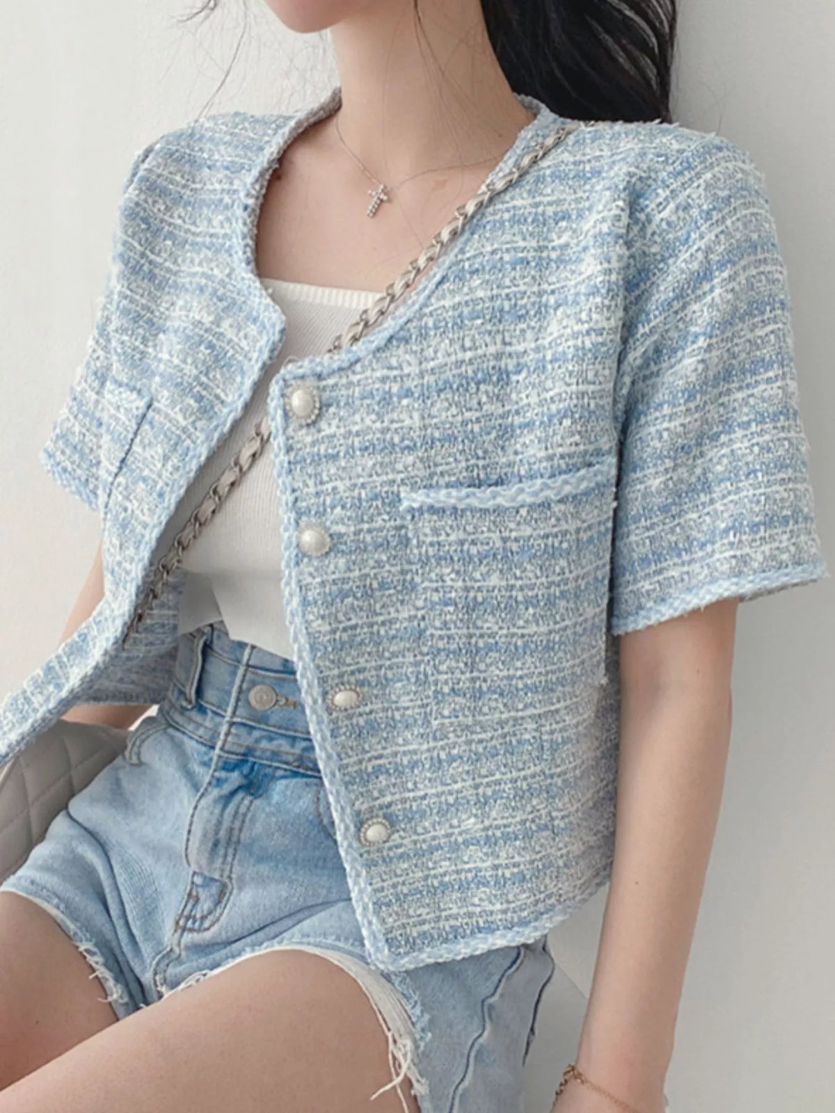 Eloise ElainePearl Button Short Sleeve Tweed Top-Multiple Colors!