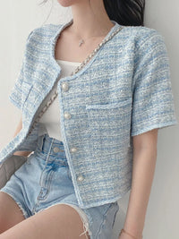 Eloise ElainePearl Button Short Sleeve Tweed Top-Multiple Colors!