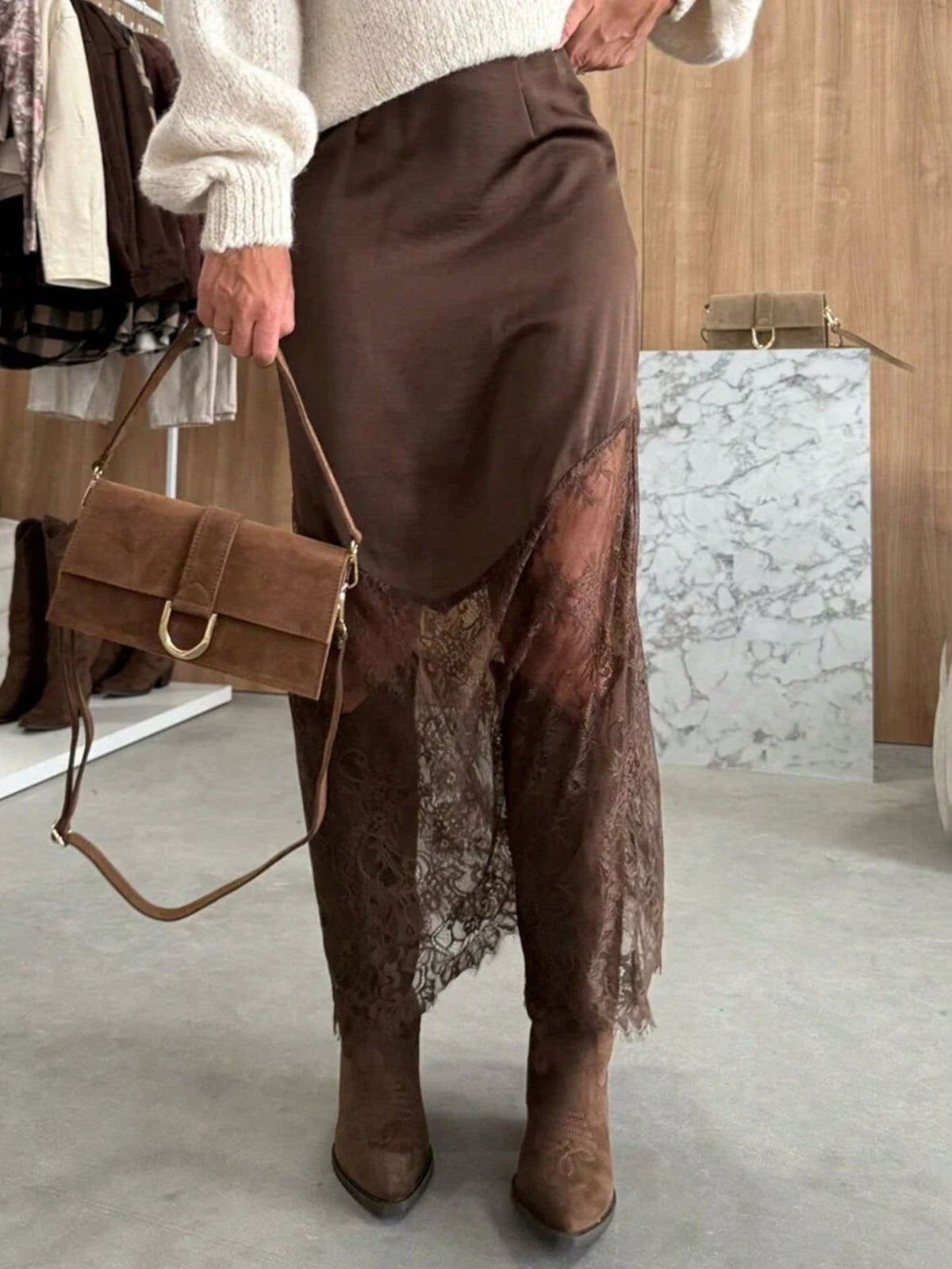Birdie Lace Bottom Satin Midi Skirt