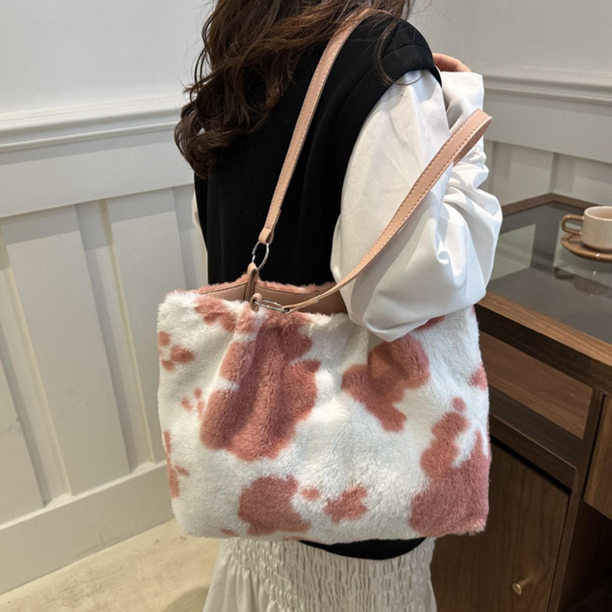 Maisie Cow Print Furry Tote Bag-Multiple Color Options