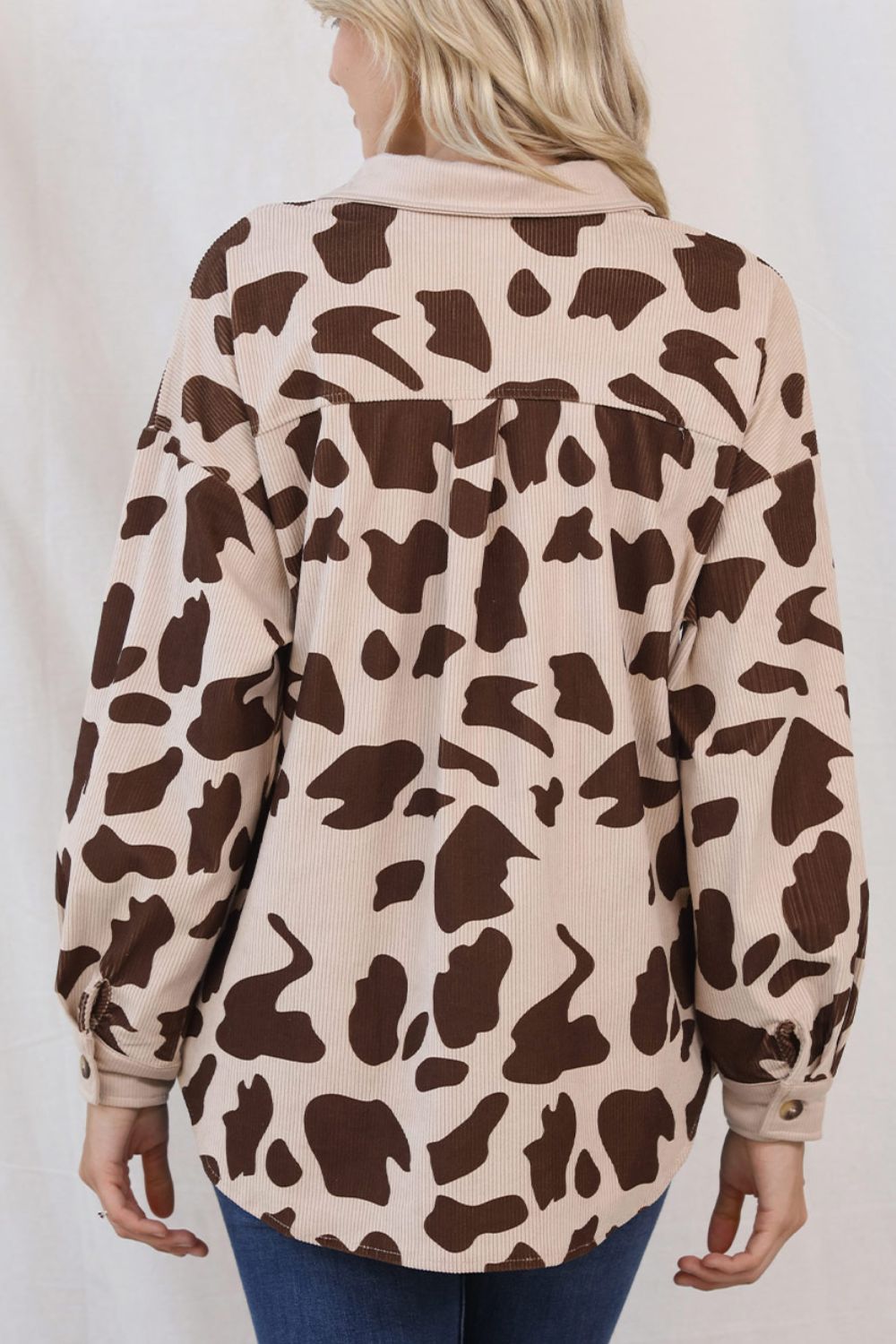 Caramel Cow Print Button Up Corduroy Shacket