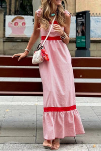 Peppermint Patty Bow Knot Straps  High Waist Ruffle Hem Maxi Dress