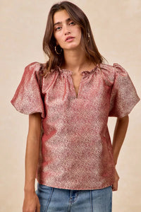 Jayci Jacquard Woven Short Balloon Sleeves V Neck Top