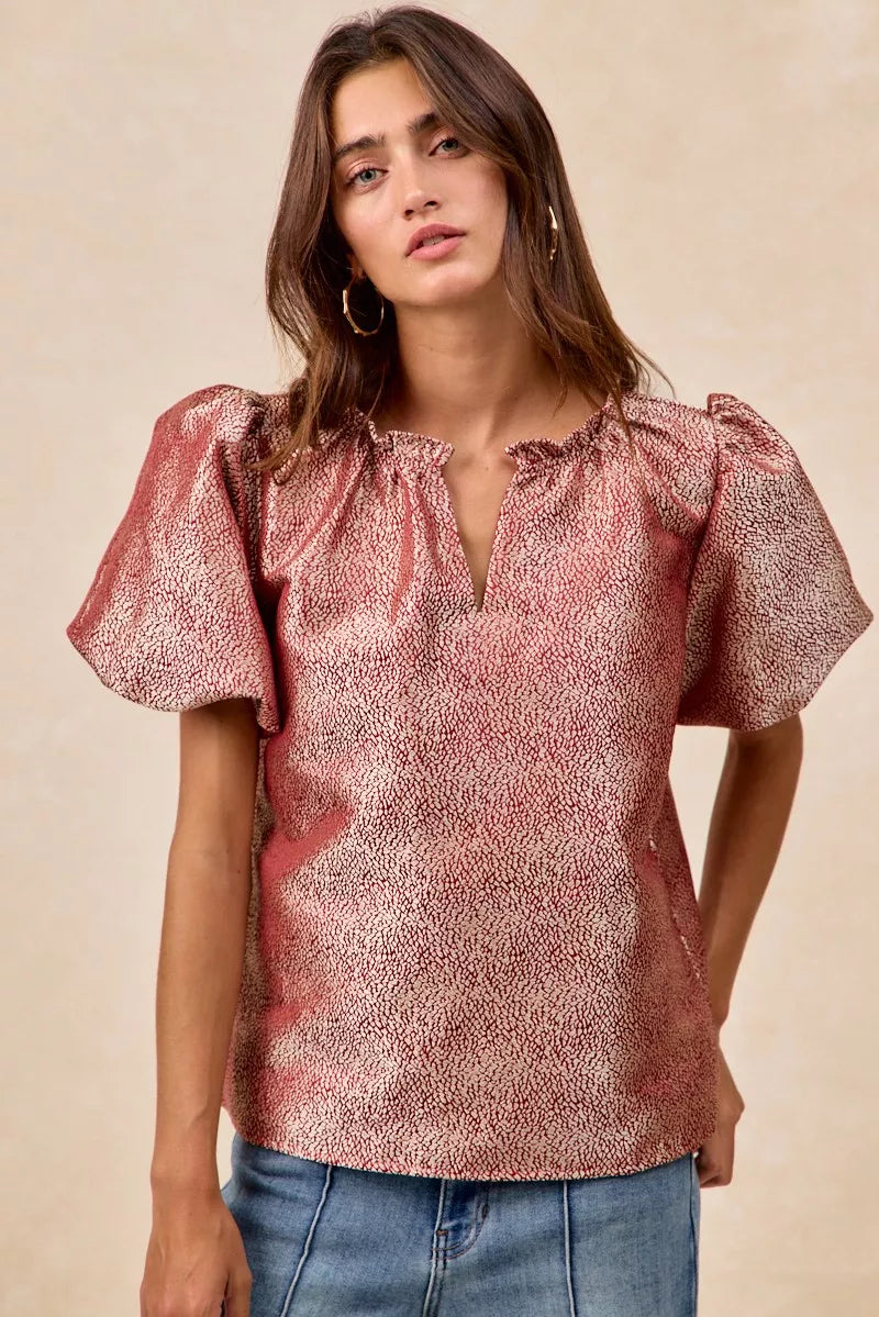 Jayci Jacquard Woven Short Balloon Sleeves V Neck Top