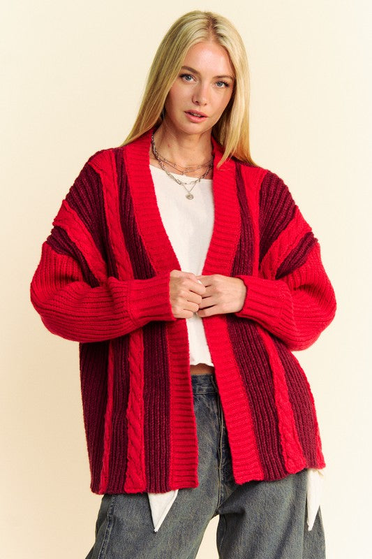 Rue Cable-Knit Color Block Open Front Cardigan