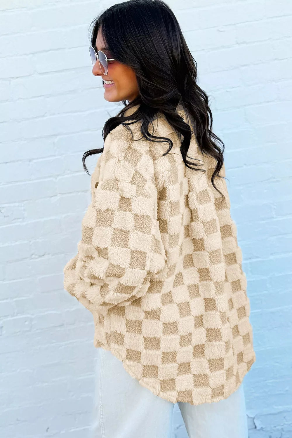 Hazel Honey Plush Checkered Corduroy Trim Metal Button Shift Silhouette Shacket