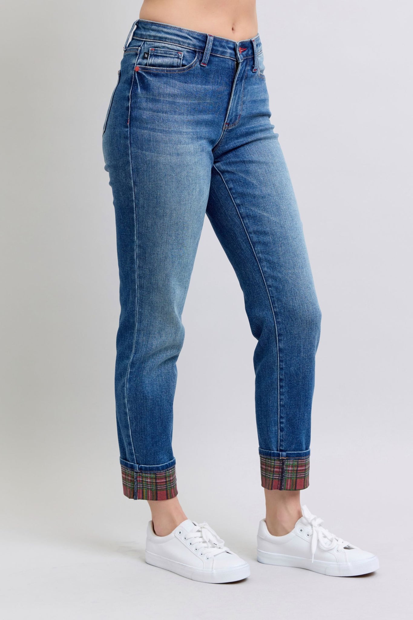 Pari Plaid Print Cuff Straight Leg Jeans with Pockets