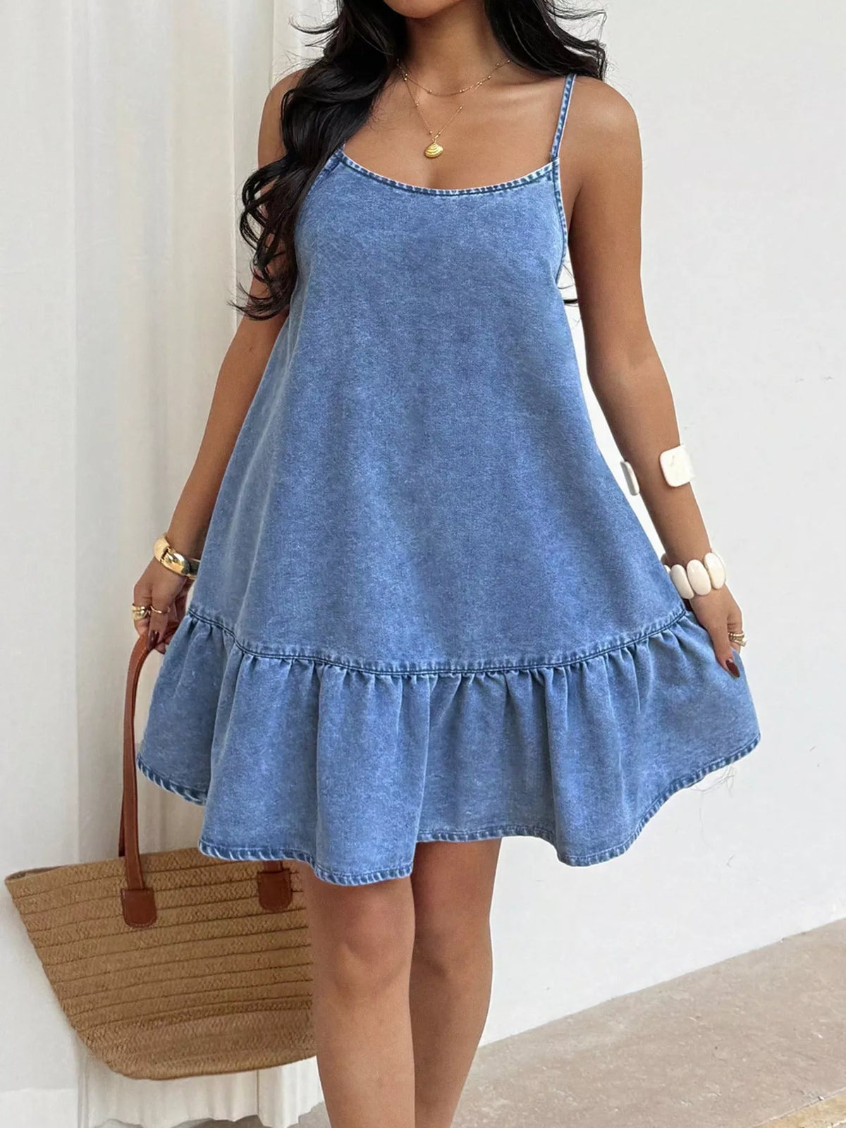 Tallulah Spaghetti Ruffle Hem Denim Dress