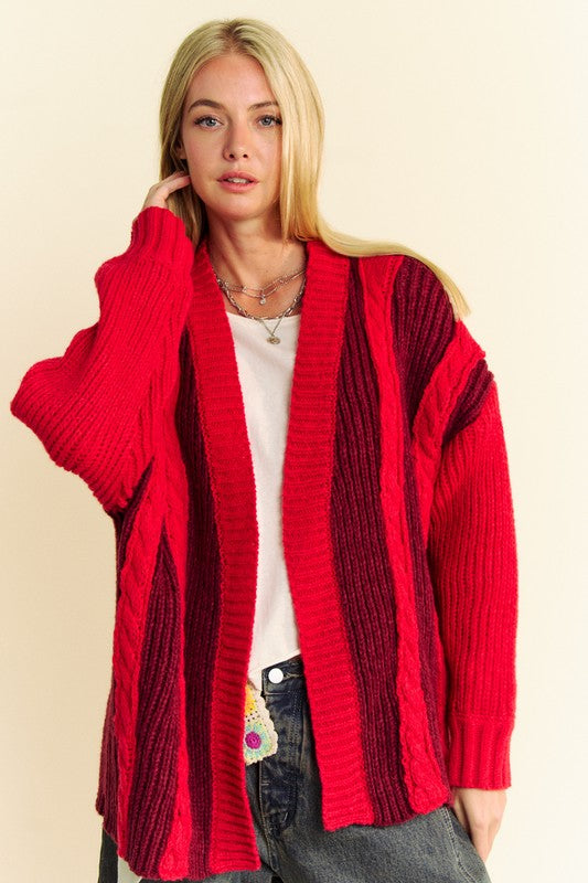 Rue Cable-Knit Color Block Open Front Cardigan