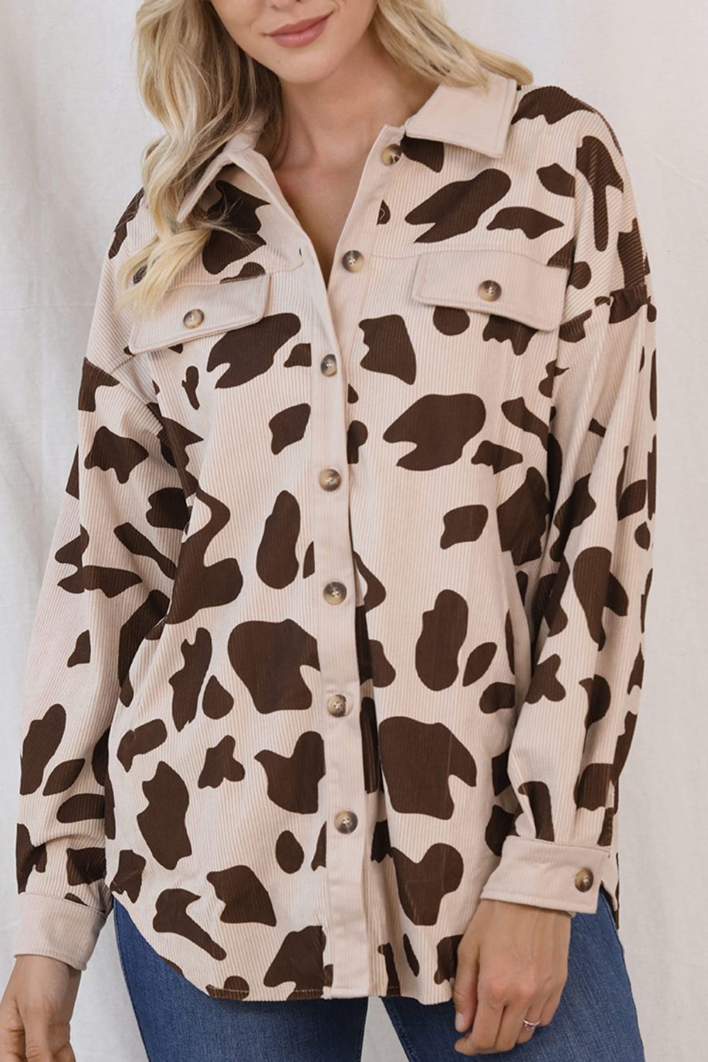 Caramel Cow Print Button Up Corduroy Shacket