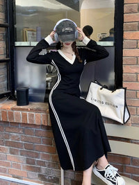 Cherish V-Neck Long Sleeve Bodycon Midi Dress with Side Stripes