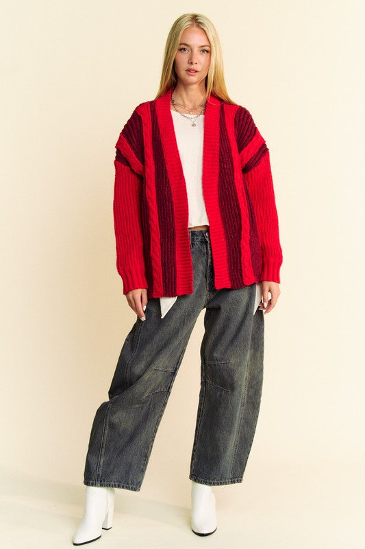 Rue Cable-Knit Color Block Open Front Cardigan