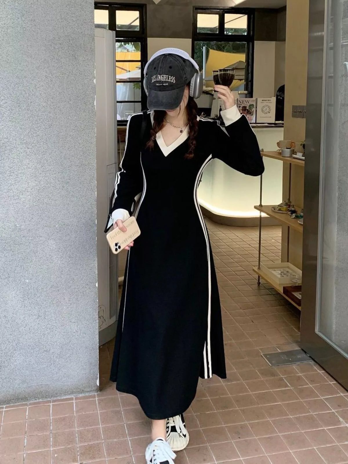 Cherish V-Neck Long Sleeve Bodycon Midi Dress with Side Stripes