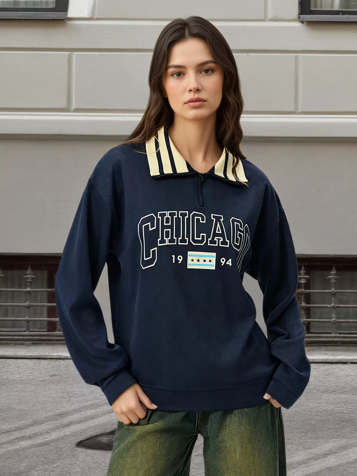 Sunday Sage Graphic Striped Collar Sweatshirt