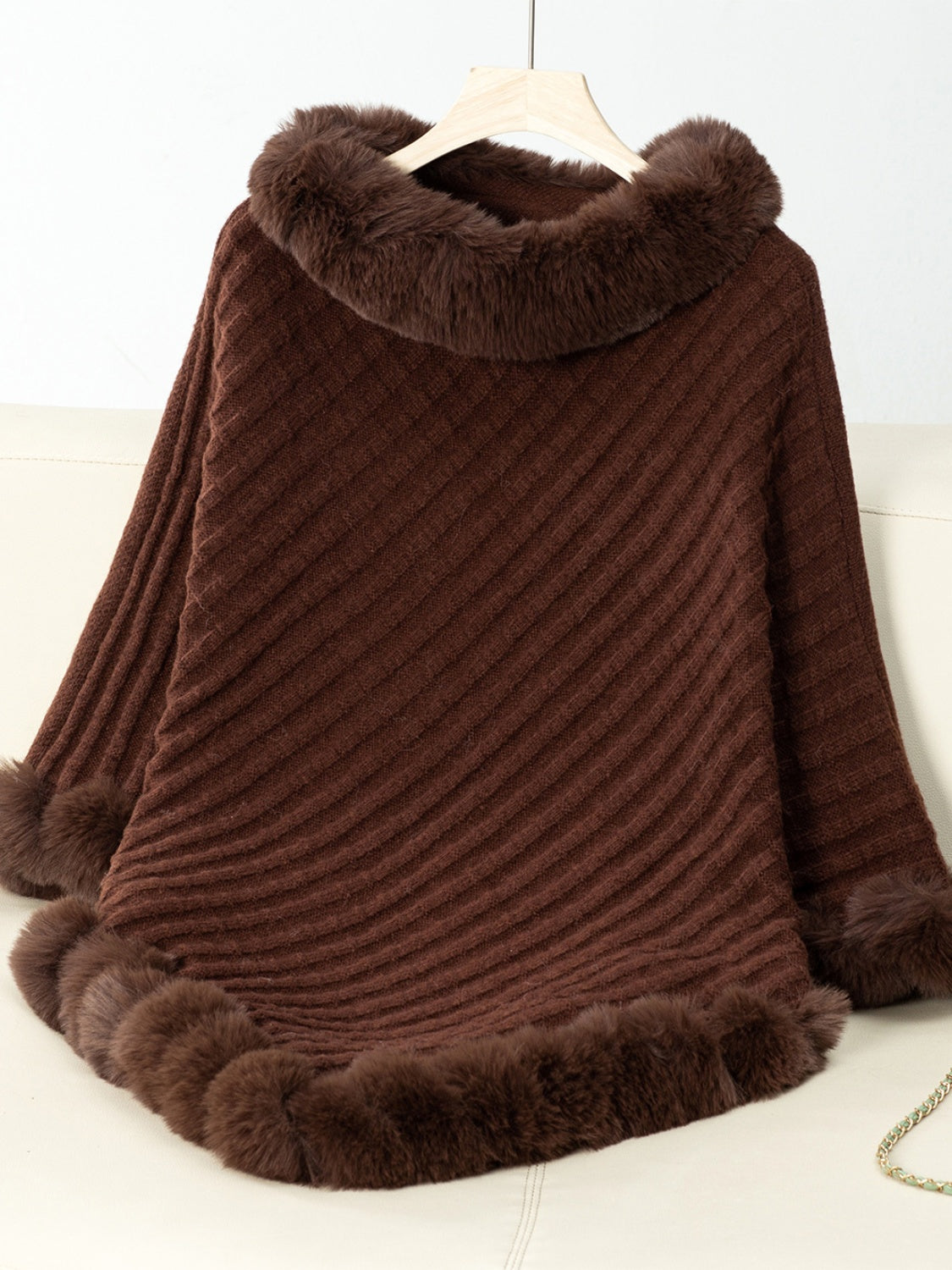 Flory Fuzzy Trim Texture Three-Quarter Sleeve Poncho- Multiple Color Options